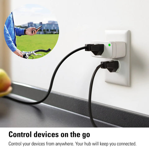 Matter Over Thread Smart Plug Pack With App And Voice Control in wall outlet, phone control illustration