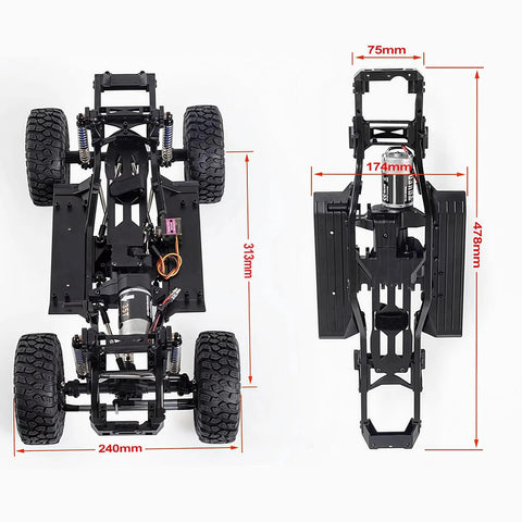 Top and side view of One Tenth Scale RC Crawler Chassis Kit With 313mm Wheelbase, 2 Speed Gearbox, nylon frame, 35T motor and axles.