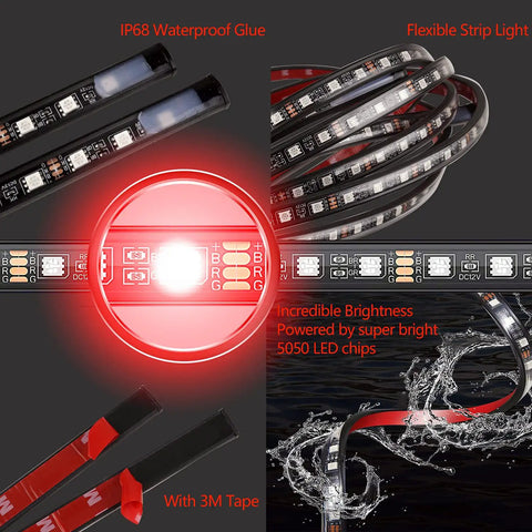 Close-up of RGB Car Underglow Kit with App and RF Remote, IP67 Waterproof, LED strips with flexible design, 16M colors.