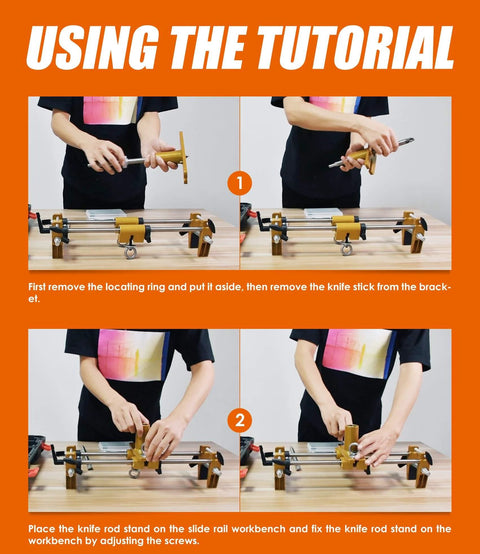 Person demonstrating assembly steps for using a door lock installation kit with mortising jig and drill bits on a workbench.
