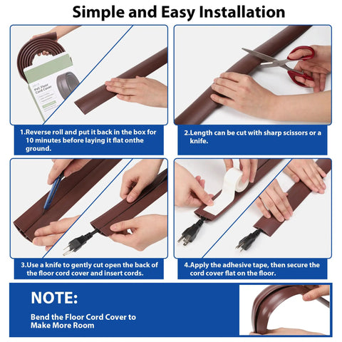 Step-by-step guide to install 4 Ft Floor Cord Cover Brown Cord Hider For Home Office Hide Cords From Power Strips And Ethernet Cables