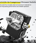 Front view of a Pressure Switch For Two Stage Air Compressor Five To Seven And A Half HP 135 To 175 PSI With Unloader And Four Port On Off Lever Fits 2475 2545 2340 7100 Reciprocating Models made of steel and aluminum.