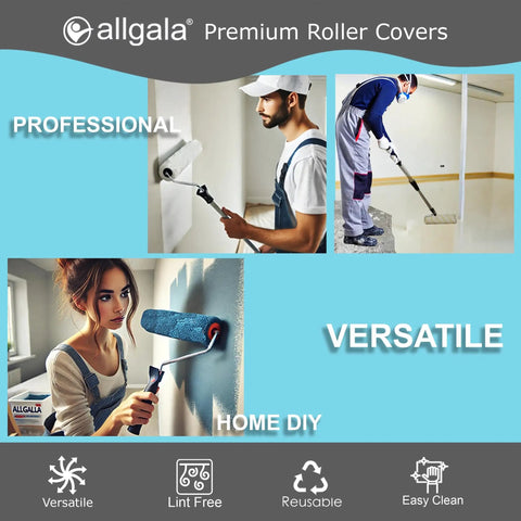 Professional Grade 9 Inch Paint Roller Covers 144 Case Pack Heavy Duty Zero Fuzz Lint Free 1/2 In Nap Sleeves in use by DIYers.