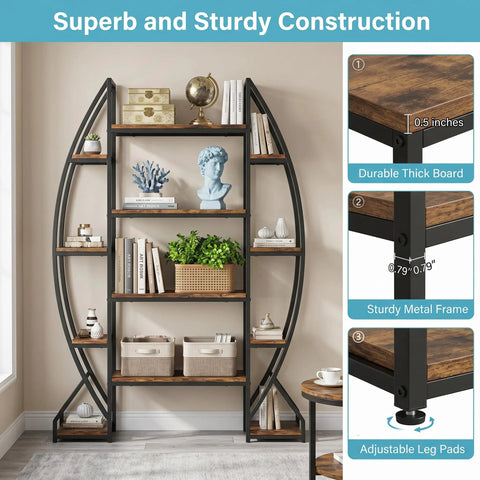 Industrial Oval Etagere Bookshelf With Triple Wide Design And Five Tiers Boss Black Iron Pipe Frame And Wood Shelves