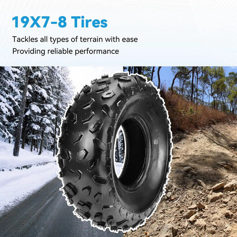 19x7-8 Tubeless Mini Bike Tire Replacement showing robust tread for Coleman CT200U and ATVs, suitable for off-road terrains.