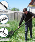 Man using 2-In-1 Garden Hoe With 12 Tines And 76.8 Inch Adjustable Handle, Heavy Duty Stirrup Hoe for weeding in a garden