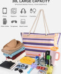 Extra Large Waterproof Sandproof Beach Tote For Women With Zipper Pocket Pink Solid Color Bag with essentials displayed