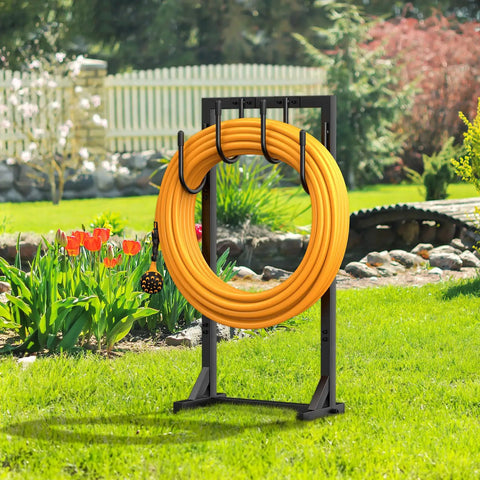 Rugged Heavy Duty Garden Hose Holder Reel With Four Large Hooks, Freestanding Metal Hose Storage for outdoors