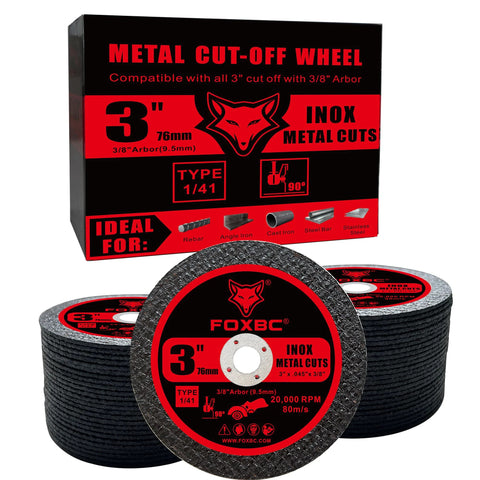 Front view of FOXBC 3-inch metal cut-off wheels, 3/64 in thick, 3/8 in arbor, for die grinders, 50-pack