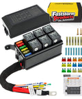Beefy 6 Way Waterproof Fuse Relay Box With Built In Diodes Pre Wired 12 AWG Harness Includes Relays And Terminals ATC/ATO Fuses Heavy Duty 12V Automotive Marine Relay Panel For Cars Boats Trucks with components displayed