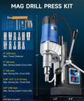 ZELCAN magnetic drill press with 11-bit kit, blue and black metal housing, 2-inch boring diameter