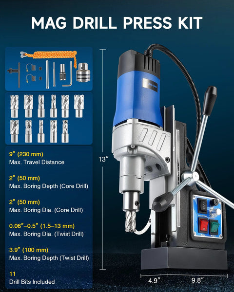 ZELCAN magnetic drill press with 11-bit kit, blue and black metal housing, 2-inch boring diameter