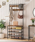 Coat Rack With Bench And Five Tier Shoe Storage Organizer With Nine Hooks For Entryway Or Mudroom Sturdy Industrial Rustic Brown And Black Hall Tree No Brainer For Busy Homes in stylish living space.