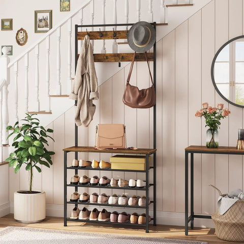 Coat Rack With Bench And Five Tier Shoe Storage Organizer With Nine Hooks For Entryway Or Mudroom Sturdy Industrial Rustic Brown And Black Hall Tree No Brainer For Busy Homes in stylish living space.