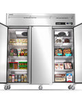 No Fuss Heavy Duty Cold Locker 72 Inch Commercial Freezer Three Door Solid Build Fifty Four Cubic Feet with food items inside.