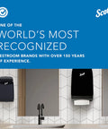 Two black Scott multifold towel dispensers mounted on a white tiled restroom wall