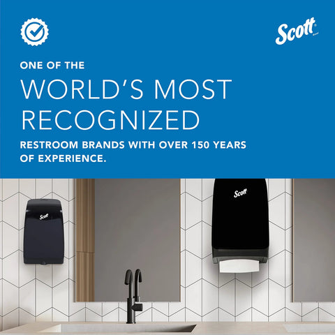 Two black Scott multifold towel dispensers mounted on a white tiled restroom wall