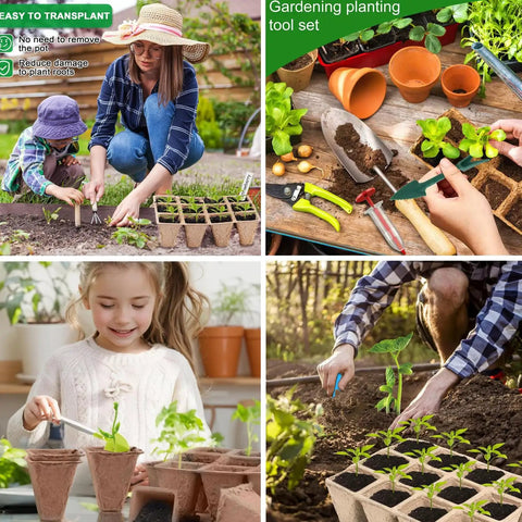 10 Pack Seedling Starter Trays With 120 Cells Biodegradable Germination Trays Plant Starter Peat Pots For Seedlings Eco Friendly Garden Grow Kit For Easy Home Gardening And Spring Planting, showing gardening scenes and tools.