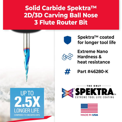 Carbide Up Cut Spiral CNC Router Bit With Ball Nose Tip For 2D And 3D Carving, 6.2 Degree, Spektra Coated, 3 Flute, Made in USA