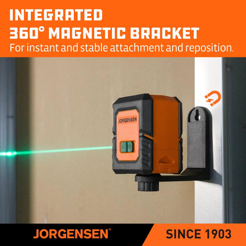 Pro Grade Laser Level With Tripod, 100 Ft Range, Dual Module Self Leveling Cross Line, showing 360 Degree Magnetic Base on wall.