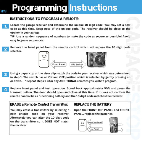 Programming instructions for Multicode 3089 308911 Garage Door Opener Remote with 10 dip switch.