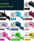 Variety of nitrile gloves in different colors including black, blue, burgundy, lavender, navy, pink, fuchsia, green, and yellow.