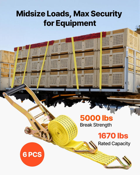 Six Pack 2 Inch By 15 Foot Heavy Duty Ratchet Straps With Double J Hooks, 5000 Lbs Break Strength, 1670 Lbs Working Load