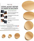 Self Adhesive Waterproof Repair Patch Kit For Outdoor Gear Quick 30 Second Fix For Jackets Tents Sleeping Bags Backpacks And More Pre Cut Nylon Ripstop Patches In Beige Durable Easy Peel And Stick shown with instructions and patches.