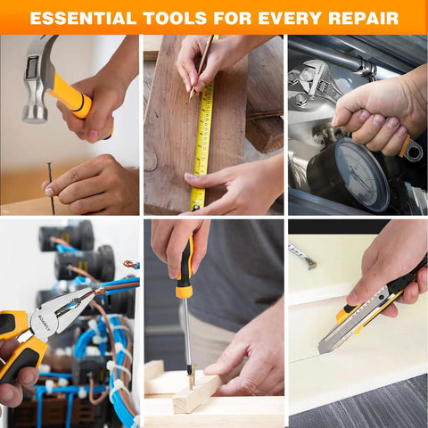 Hands using tools from Upgradd 180 Piece Tool Set With 8V Cordless Drill Lightweight Home Repair Kit for various repairs.
