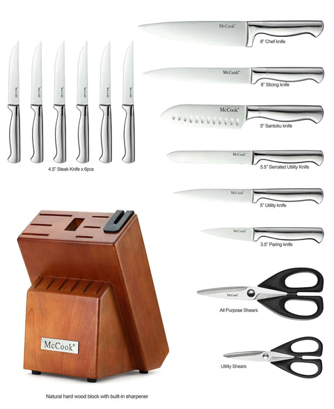 German Stainless Steel Kitchen Knife Set With Built In Sharpener In Self Sharpening Block including chef, slicing, and utility knives