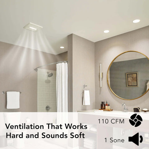 Installed Energy Star Bathroom Exhaust Fan With LED Light And Roomside Installation, 110 CFM, Quiet 1.0 Sones, White AE110L