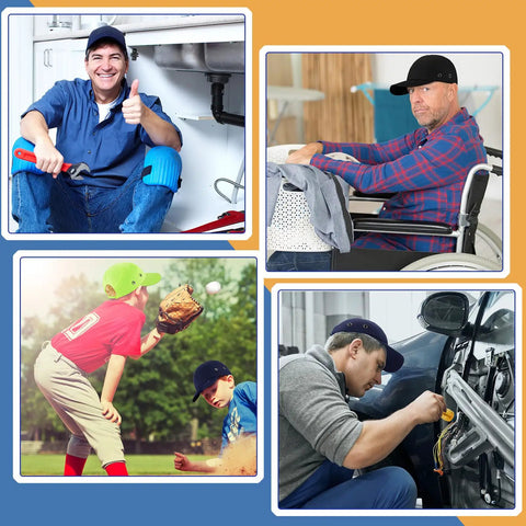 Collage of men wearing Three Piece Bump Cap Baseball Hat Style Hard Hat Helmet Safety Cap Breathable Lightweight For Men And Women All Day Comfort Head Protection Cap In Three Colors in various scenarios.