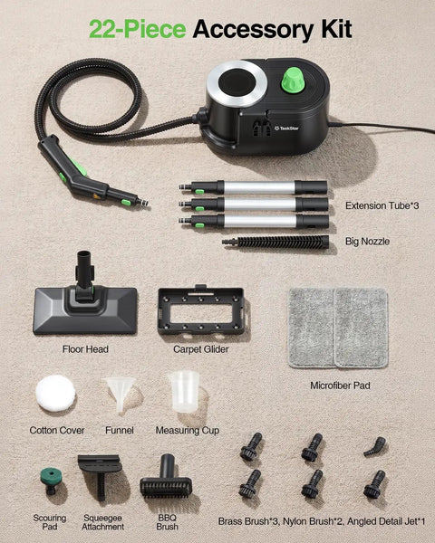 22-piece accessory kit for Heavy Duty TaskStar Steam Cleaner With High Pressure For Cleaning Floors And Greasy Grills.