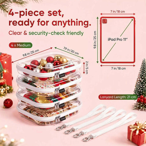 Clear Hard Shell Zipper Cases 4 Pack On The Go Travel Organizer With Wrist Strap showcasing medium cases filled with ornaments.