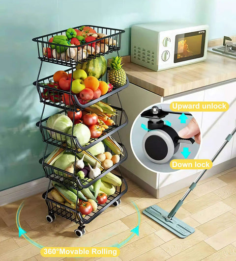 Five Tier Built Tough Metal Wire Rolling Cart Stackable Produce Basket With Smooth Gliding Casters Rust Resistant Black Finish Maximum Airflow Holds Up To 180 Pounds Quick Swap Trays For Kitchen Pantry Closet