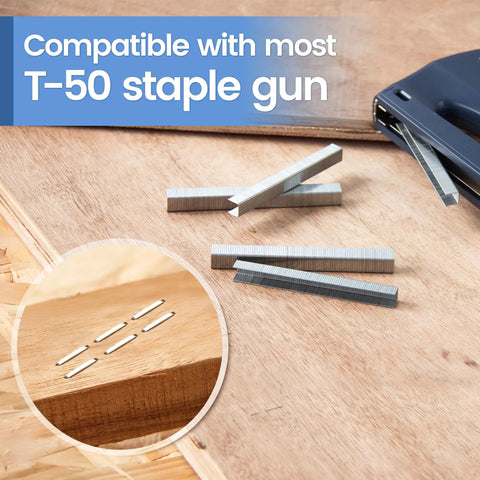 Top Shelf Heavy Duty T50 Staples For Staple Gun Quarter Inch Long Galvanized Steel Twenty Gauge Three Eighths Crown Five Thousand Pack on wood.