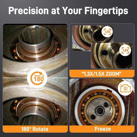 Endoscope Borescope With Light For Auto And Home Repairs showcasing 180-degree rotation and zoom capabilities on machinery part