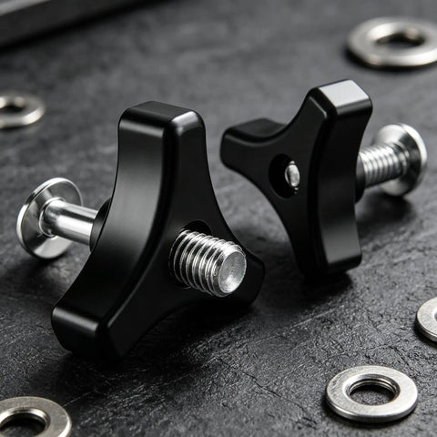 Upgrade Your Ride With These Tough Laqusie Two Piece Screw And Knob Bolts For Lawn Mower Handles Featuring No Tools Needed Universal Fit For Push And Riding Tractors To Fix Worn Grip And Boost Stability Instantly With Durable Steel Build Today. Black steel mower handle bolt kit with two star knobs and washers