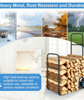 Heavy Duty Firewood Log Cart Carrier With Pneumatic Rubber Wheels, 250 Lb Load Capacity, and firewood by fireplace