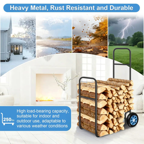 Heavy Duty Firewood Log Cart Carrier With Pneumatic Rubber Wheels, 250 Lb Load Capacity, and firewood by fireplace
