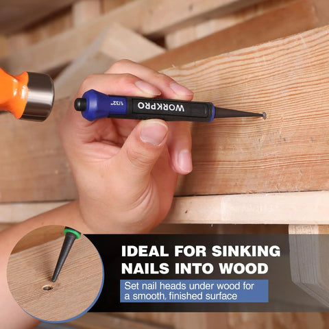 Using the Three-Piece Nail Punch Set With Color Coded Nail Setters And Shock Absorbing Grip For Precise Driving Includes 1/32 In 1/16 In And 3/32 In Sizes DIY Handyman Pro Grade Gear on wood with 1/32 inch setter.