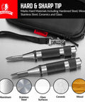 Pro Grade Automatic Center Punch With Hardened Steel Body And Knurled Grip Adjustable Tension Stroke For Heavier Cleaner Marks Five And A Quarter Inch Length Eleven Sixteenth Inch Punch Diameter Pack Of Two For Wood Metal Aluminum Brass Copper shown with carrying case and material examples.