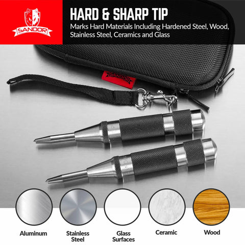 Pro Grade Automatic Center Punch With Hardened Steel Body And Knurled Grip Adjustable Tension Stroke For Heavier Cleaner Marks Five And A Quarter Inch Length Eleven Sixteenth Inch Punch Diameter Pack Of Two For Wood Metal Aluminum Brass Copper shown with carrying case and material examples.