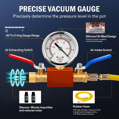 VTG VOGTEN 3-Gallon vacuum degassing chamber front view with gauge, brass fittings, red and blue handles