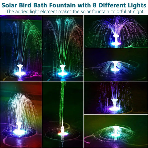 Solar Fountain Pump With Battery Backup For Bird Bath And Garden Pond showcasing color-changing LED lights in water spray at night.