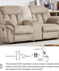 Light brown manual recliner sofa set with overstuffed armrests and center console for living room or office use.