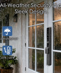 Slim Sliding Glass Door Lock With Biometric Fingerprint Remote App Control Keypad And RFID Access Electronic Digital Mortise Smart Lock For Double Hook Patio Sliding Doors 2085 Slim Fit Size Measure Before You Buy For Best Fit installed on a glass door in rainy weather.