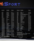 HiSport brand model list for Buick Chevy Cadillac Ford GMC vehicles with years and part numbers displayed clearly.