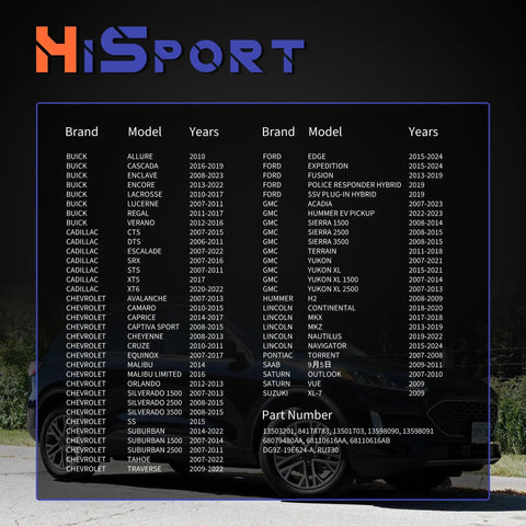 HiSport brand model list for Buick Chevy Cadillac Ford GMC vehicles with years and part numbers displayed clearly.