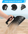 Black plastic sand scoop used in Stainless Steel Metal Detecting Shovel Kit With Foldable Beach Sand Scoop And Finds Bag